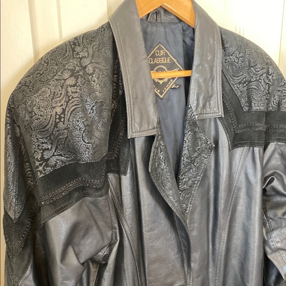 Vintage Black Leather Trench Coat with Mandala Design and Embroidered Suede Goth - Picture 3 of 17